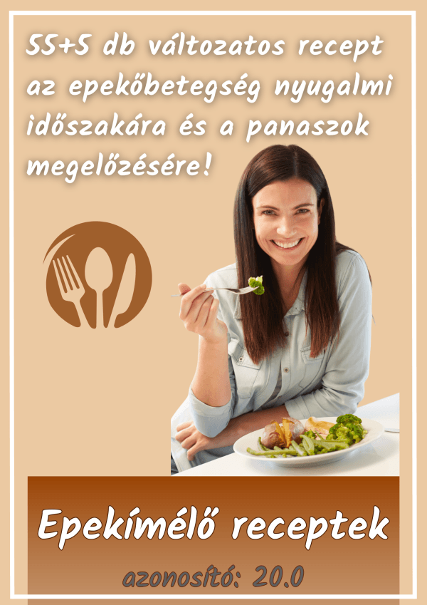 Boldog nő epekímélő ételeket fogyaszt, mellette a felirat: 55+5 db epekímélő recept epebetegség nyugalmi időszakára